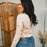 Floral Embroidered Mock Neck Ribbed Top - Ecru