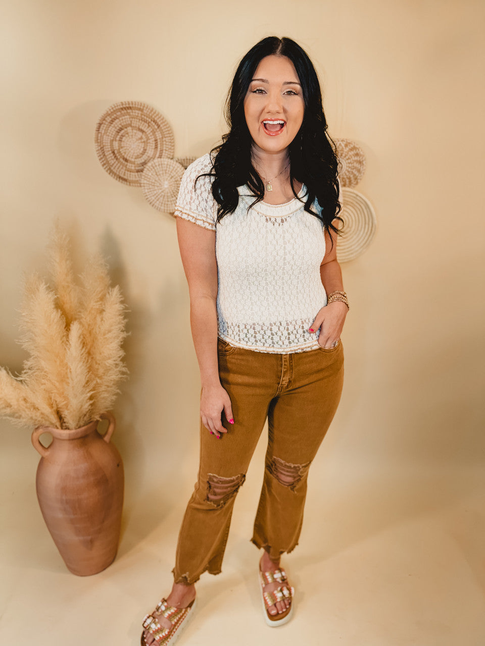 Kimmy Acid Washed High-Waisted Distressed Jeans - Deep Camel - Lace and Grace Boutique