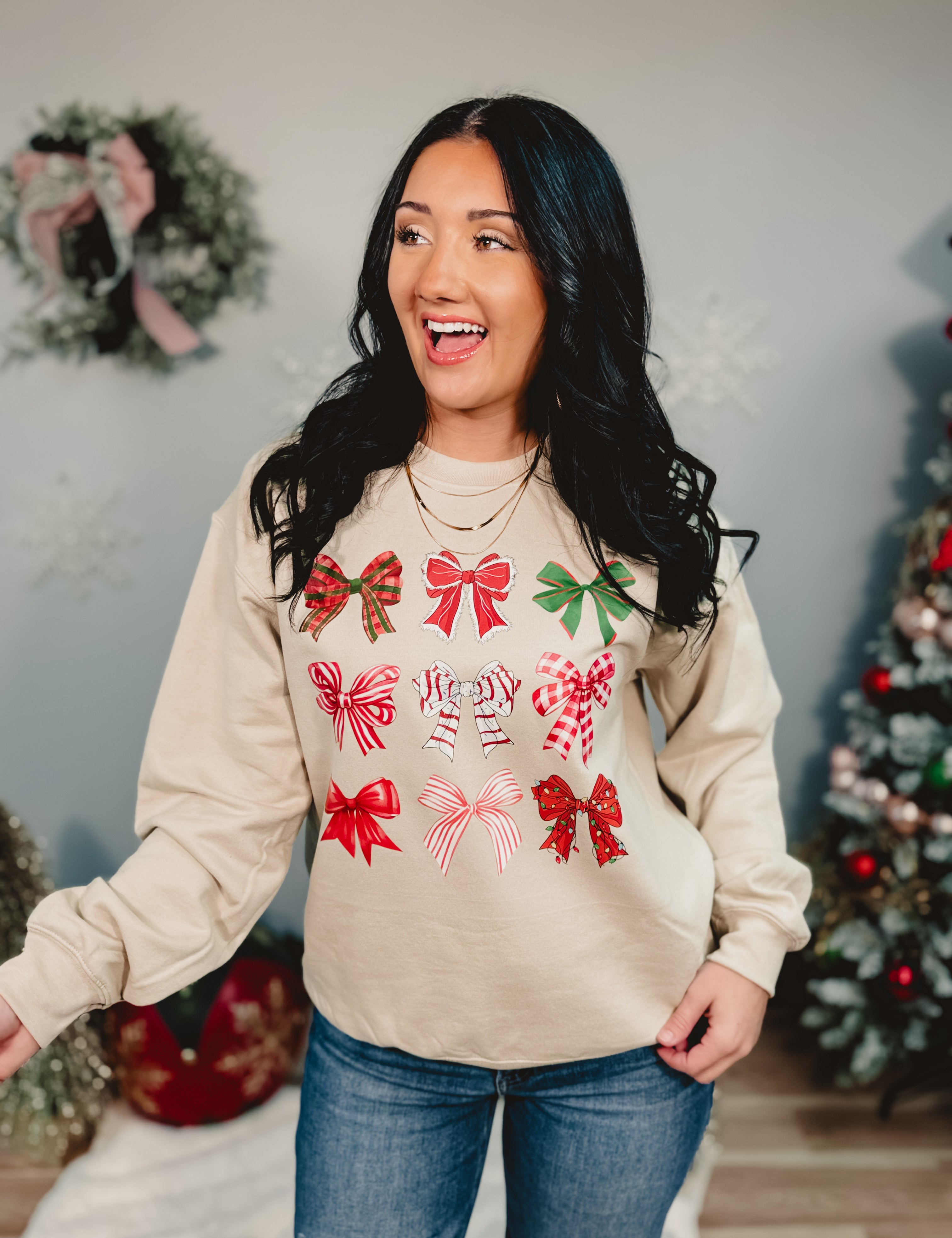 Christmas Bow Sweatshirt - Sand - Lace and Grace Boutique
