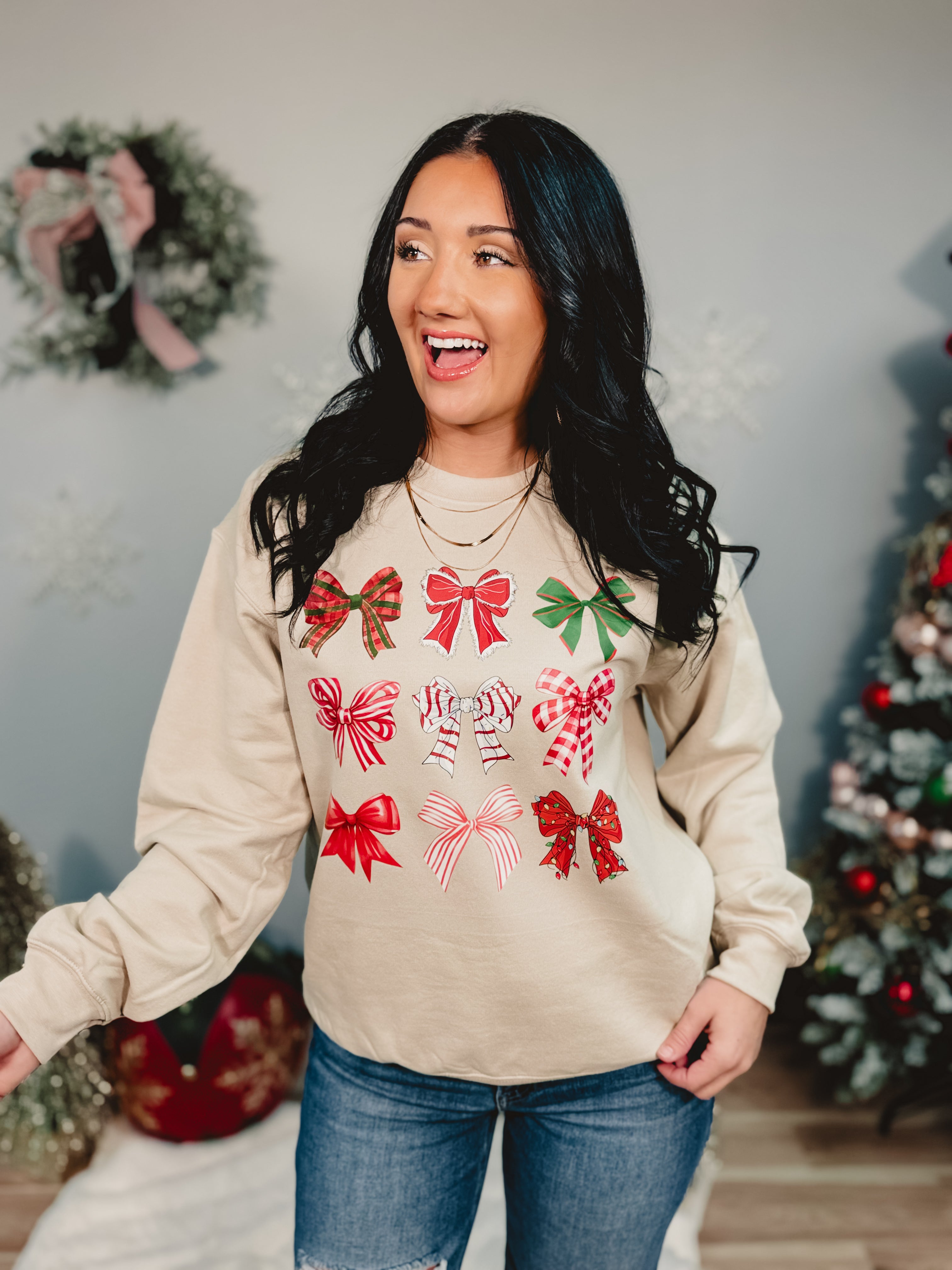Christmas Bow Sweatshirt - Sand - Lace and Grace Boutique