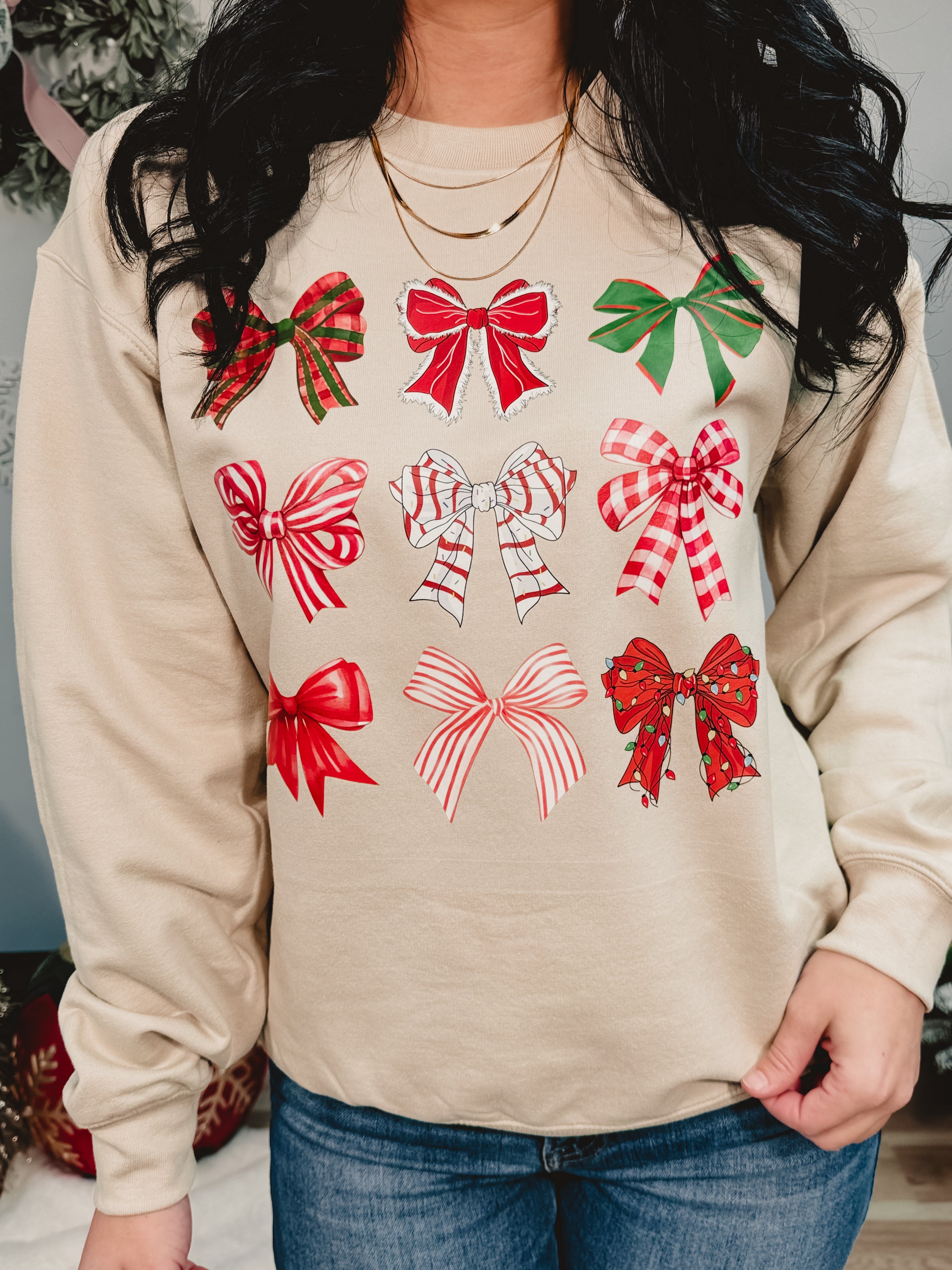 Christmas Bow Sweatshirt - Sand - Lace and Grace Boutique