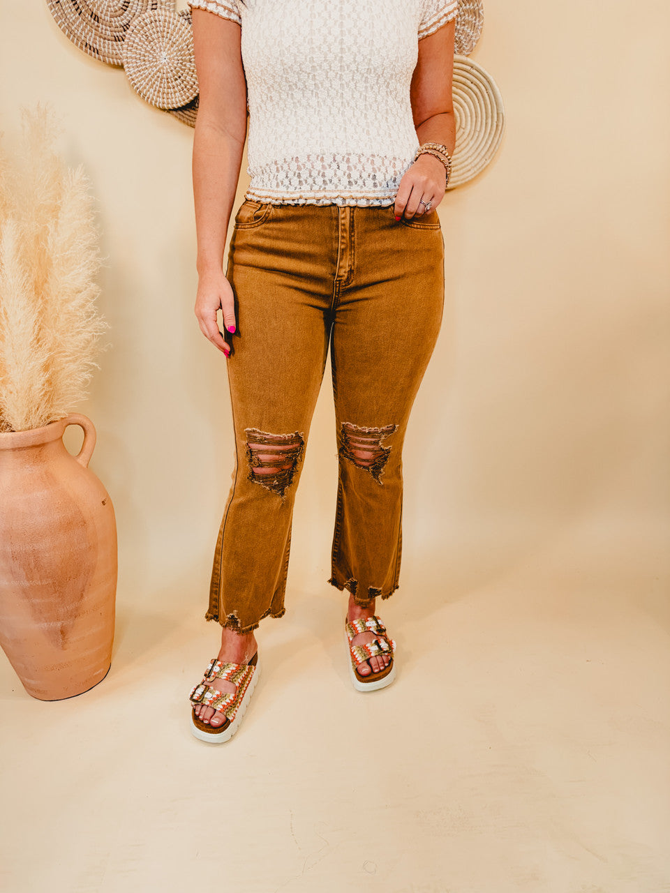 Kimmy Acid Washed High-Waisted Distressed Jeans - Deep Camel - Lace and Grace Boutique