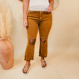 Kimmy Acid Washed High-Waisted Distressed Jeans - Deep Camel - Lace and Grace Boutique