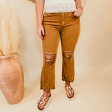 Kimmy Acid Washed High-Waisted Distressed Jeans - Deep Camel - Lace and Grace Boutique