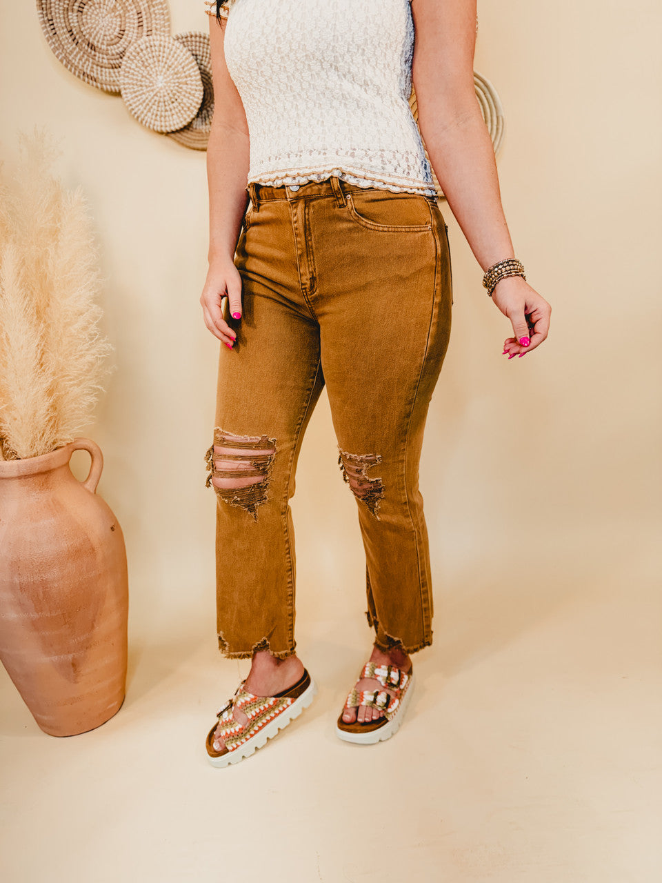 Kimmy Acid Washed High-Waisted Distressed Jeans - Deep Camel - Lace and Grace Boutique