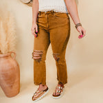 Kimmy Acid Washed High-Waisted Distressed Jeans - Deep Camel - Lace and Grace Boutique