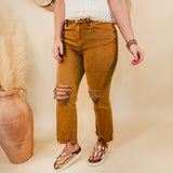 Kimmy Acid Washed High-Waisted Distressed Jeans - Deep Camel - Lace and Grace Boutique