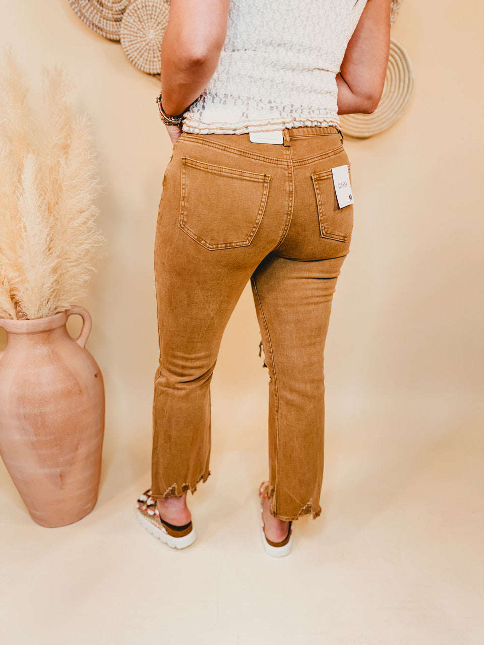 Kimmy Acid Washed High-Waisted Distressed Jeans - Deep Camel - Lace and Grace Boutique