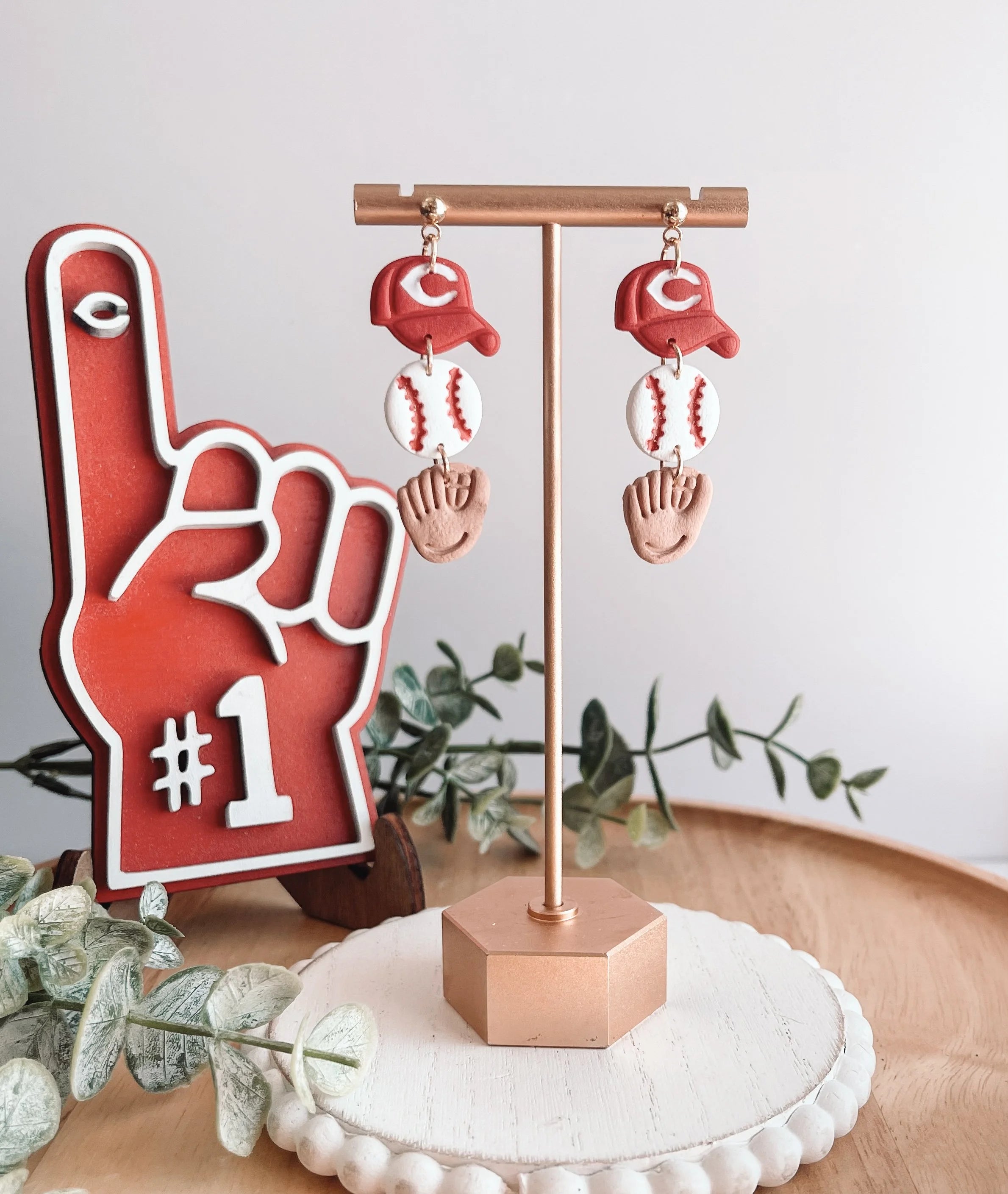 Reds Hat, Baseball, & Glove Triple Dangle Earrings - Lace and Grace Boutique