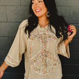POL Floral Peace Patch Top - Latte