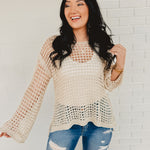 POL Dropped Shoulder Open Knit Boat Neck Sweater Top - Natural - Lace and Grace Boutique