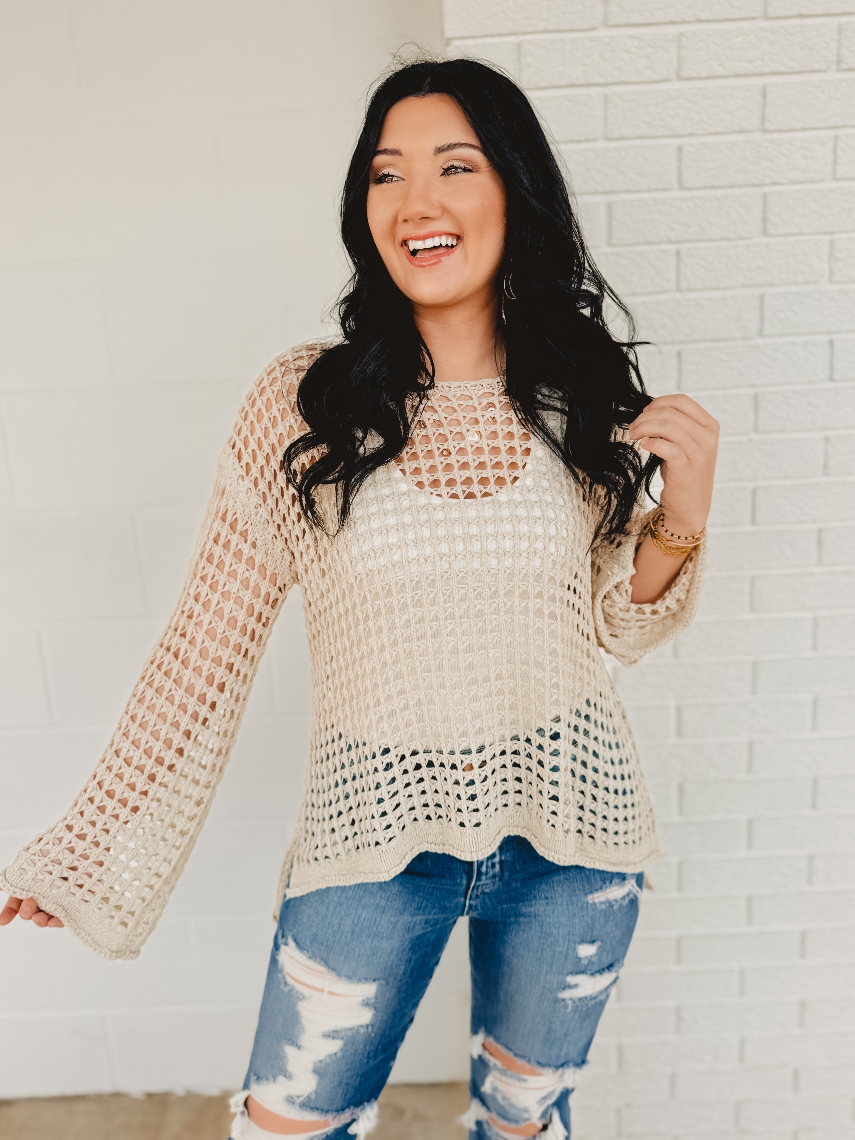 POL Dropped Shoulder Open Knit Boat Neck Sweater Top - Natural - Lace and Grace Boutique