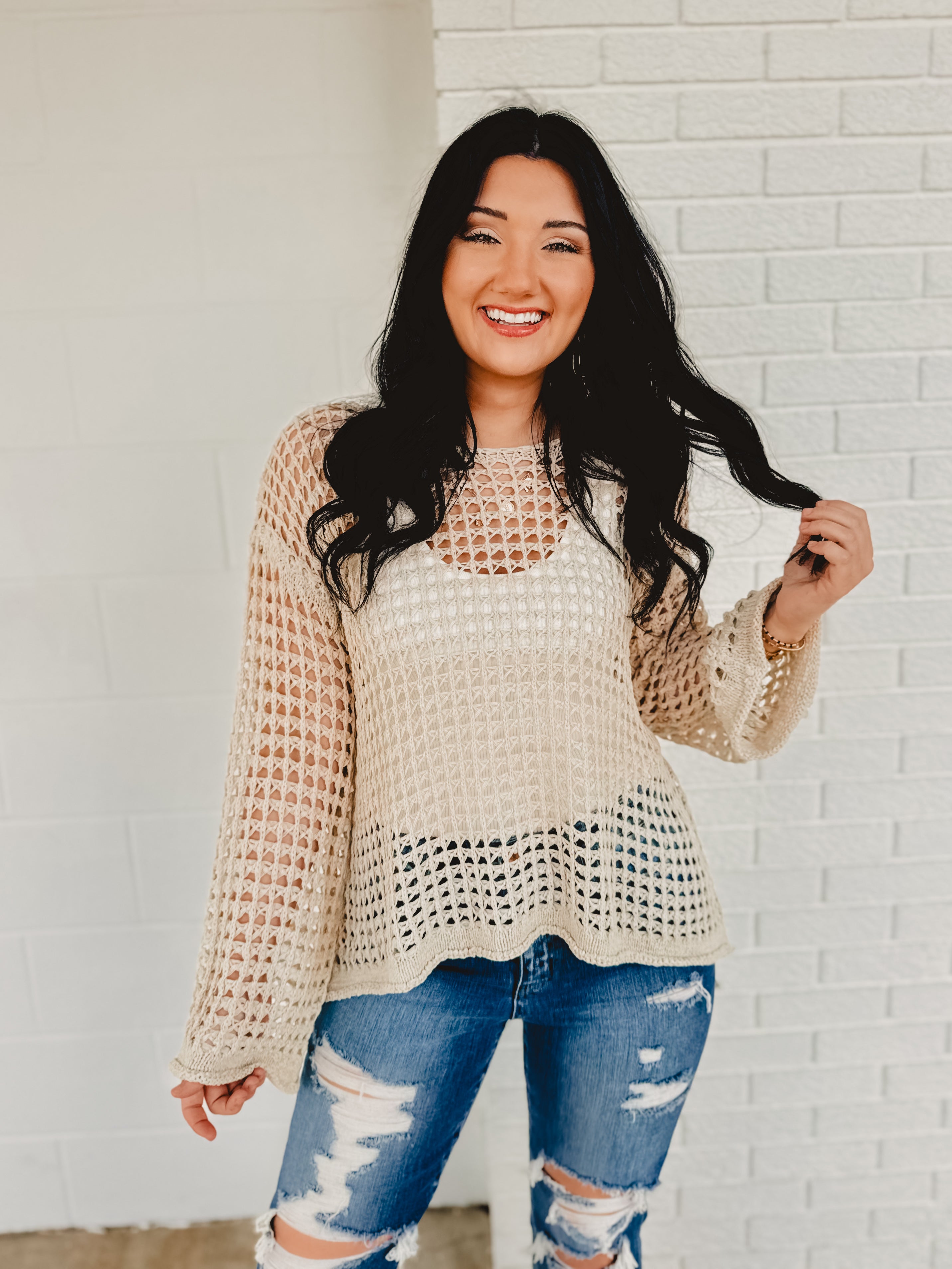 POL Dropped Shoulder Open Knit Boat Neck Sweater Top - Natural - Lace and Grace Boutique