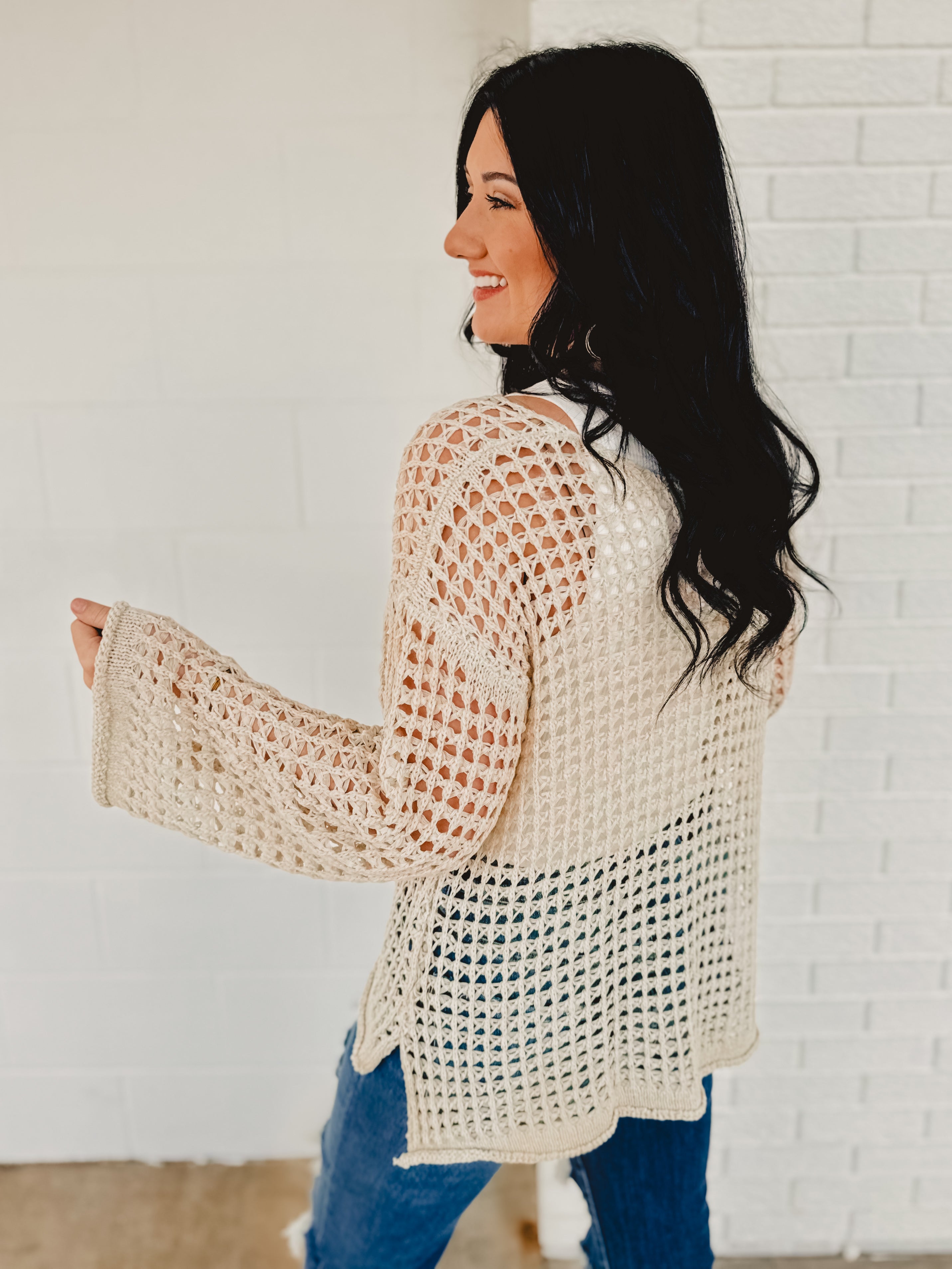 POL Dropped Shoulder Open Knit Boat Neck Sweater Top - Natural - Lace and Grace Boutique