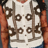 Floral Crochet Button Sweater Vest - Cream/Brown
