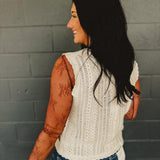 Floral Crochet Button Sweater Vest - Cream/Brown