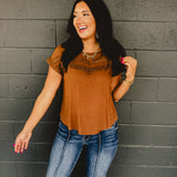 Lace Detail Pleated Top - Brown