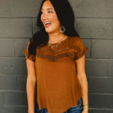 Lace Detail Pleated Top - Brown