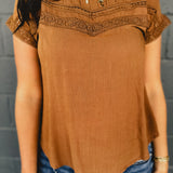 Lace Detail Pleated Top - Brown