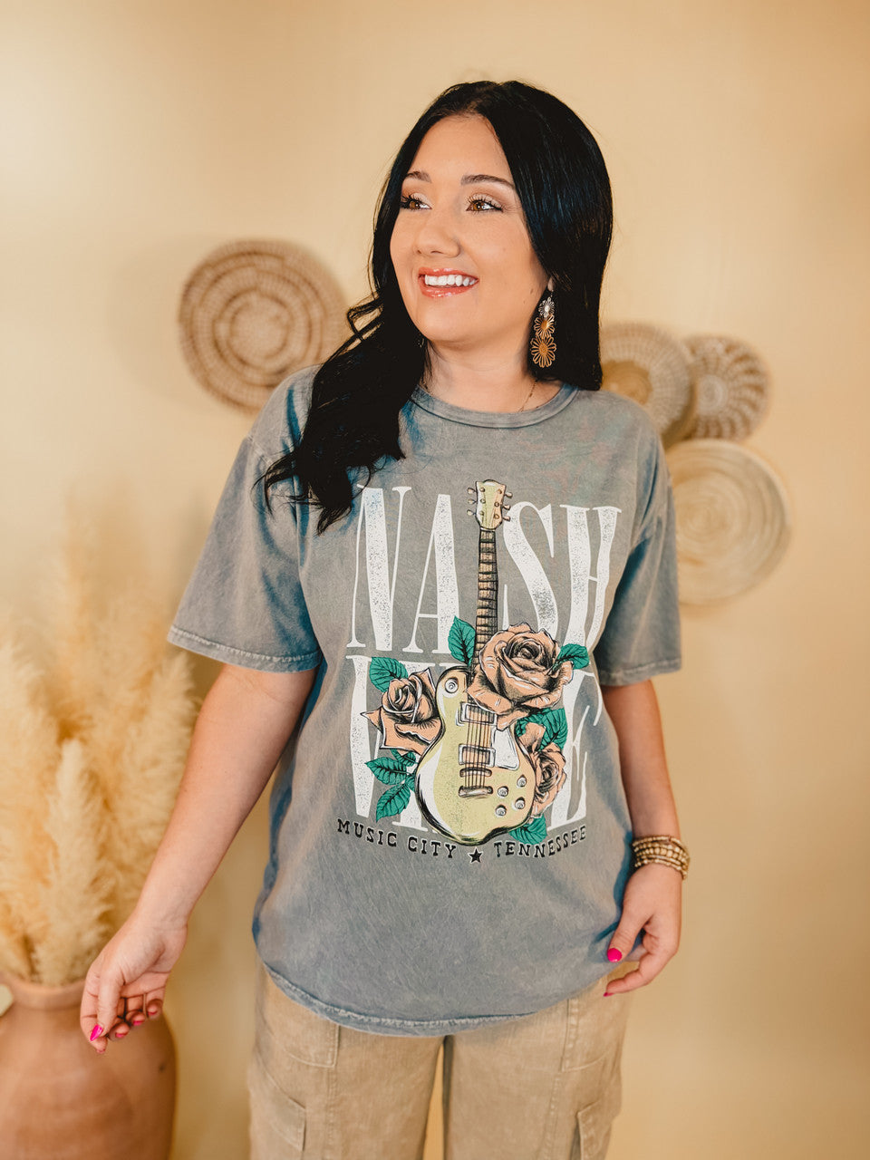 Nashville Guitar Roses Oversized Graphic Tee - Mineral Grey - Lace and Grace Boutique