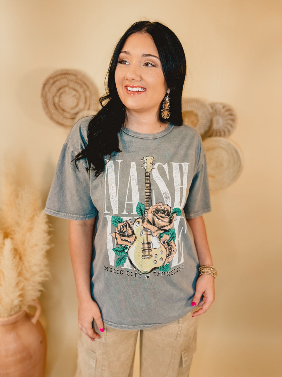 Nashville Guitar Roses Oversized Graphic Tee - Mineral Grey - Lace and Grace Boutique