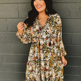 Floral Printed Chiffon Long Sleeve Midi Dress - Black