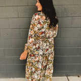 Floral Printed Chiffon Long Sleeve Midi Dress - Black