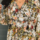 Floral Printed Chiffon Long Sleeve Midi Dress - Black