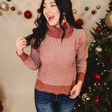 Two-Tone Soft Chenille Turtle Neck Sweater - Rose/Mauve