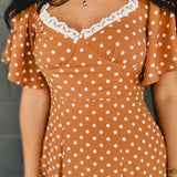 Flutter Sleeve Polka Dot Maxi Dress - Sepia