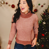 Two-Tone Soft Chenille Turtle Neck Sweater - Rose/Mauve