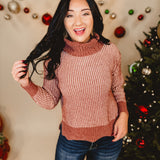 Two-Tone Soft Chenille Turtle Neck Sweater - Rose/Mauve