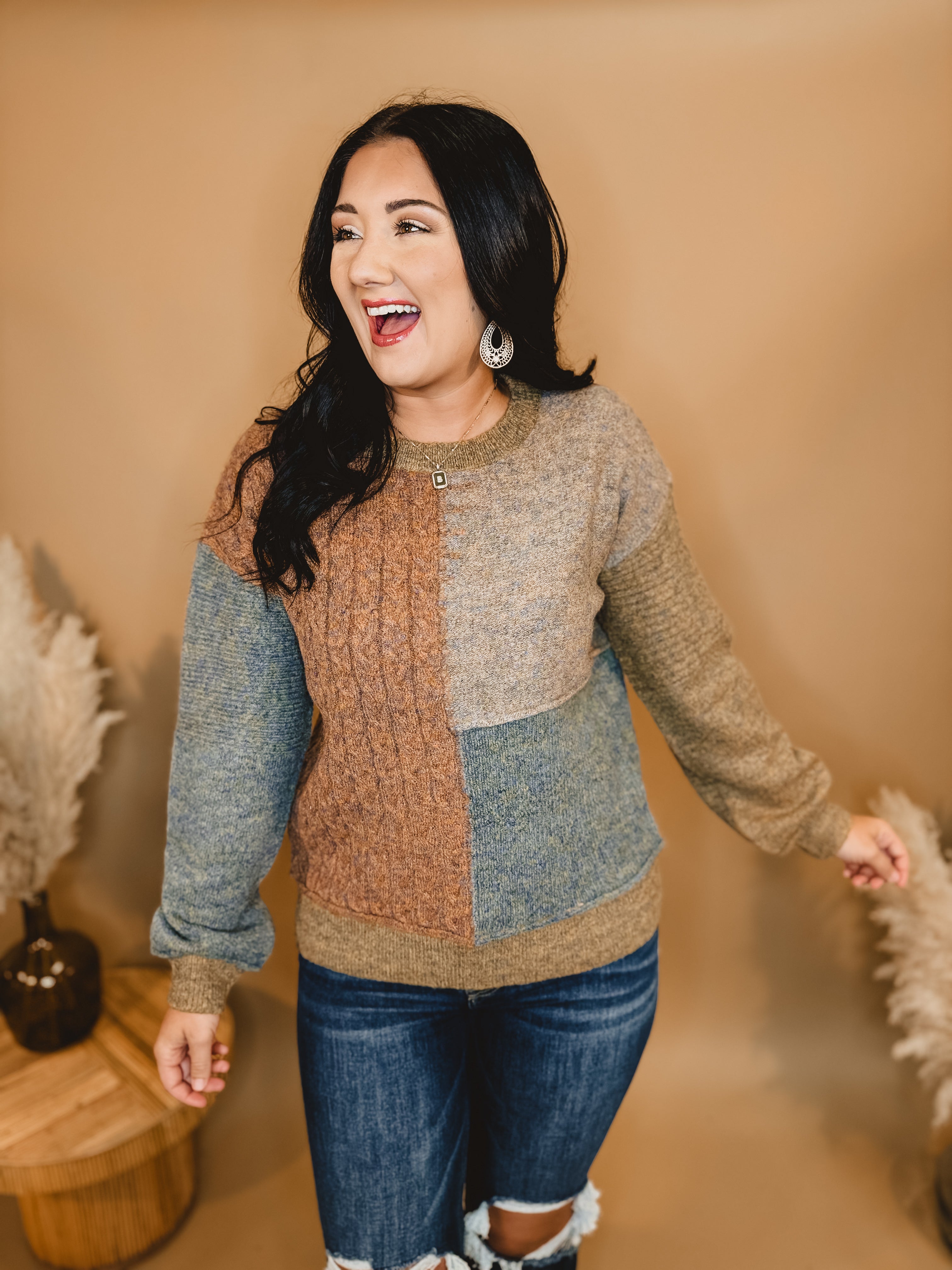 Color Block Mixed Weave Pullover Sweater - Rust Mix - Lace and Grace Boutique