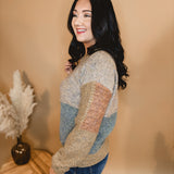 Color Block Mixed Weave Pullover Sweater - Rust Mix - Lace and Grace Boutique