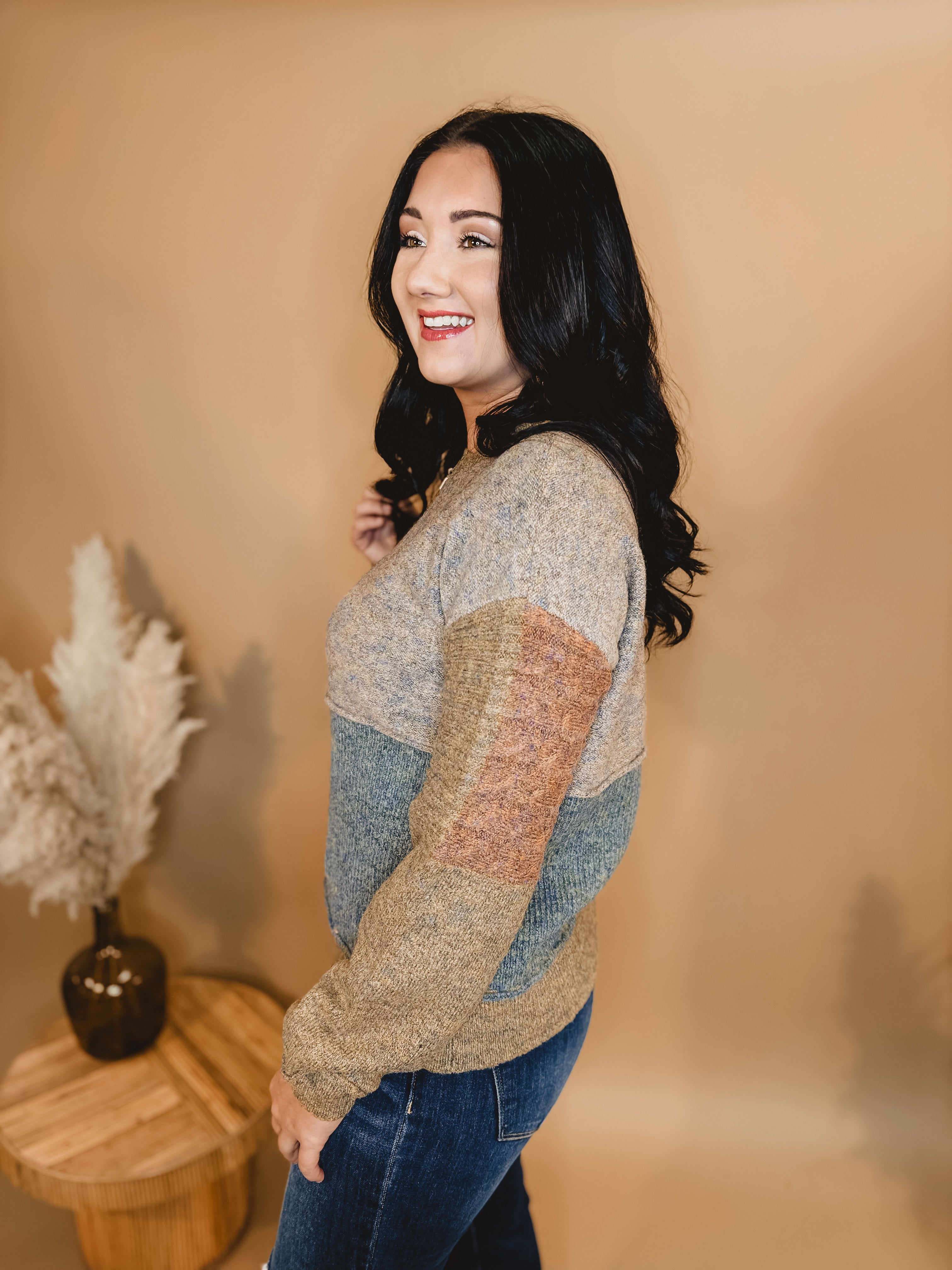 Color Block Mixed Weave Pullover Sweater - Rust Mix - Lace and Grace Boutique