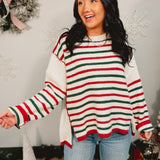 Striped Oversized Cut Edge Sweater - Ivory Multi