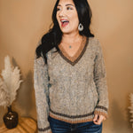 Cable Knit V-Neck Sweater - Taupe - Lace and Grace Boutique