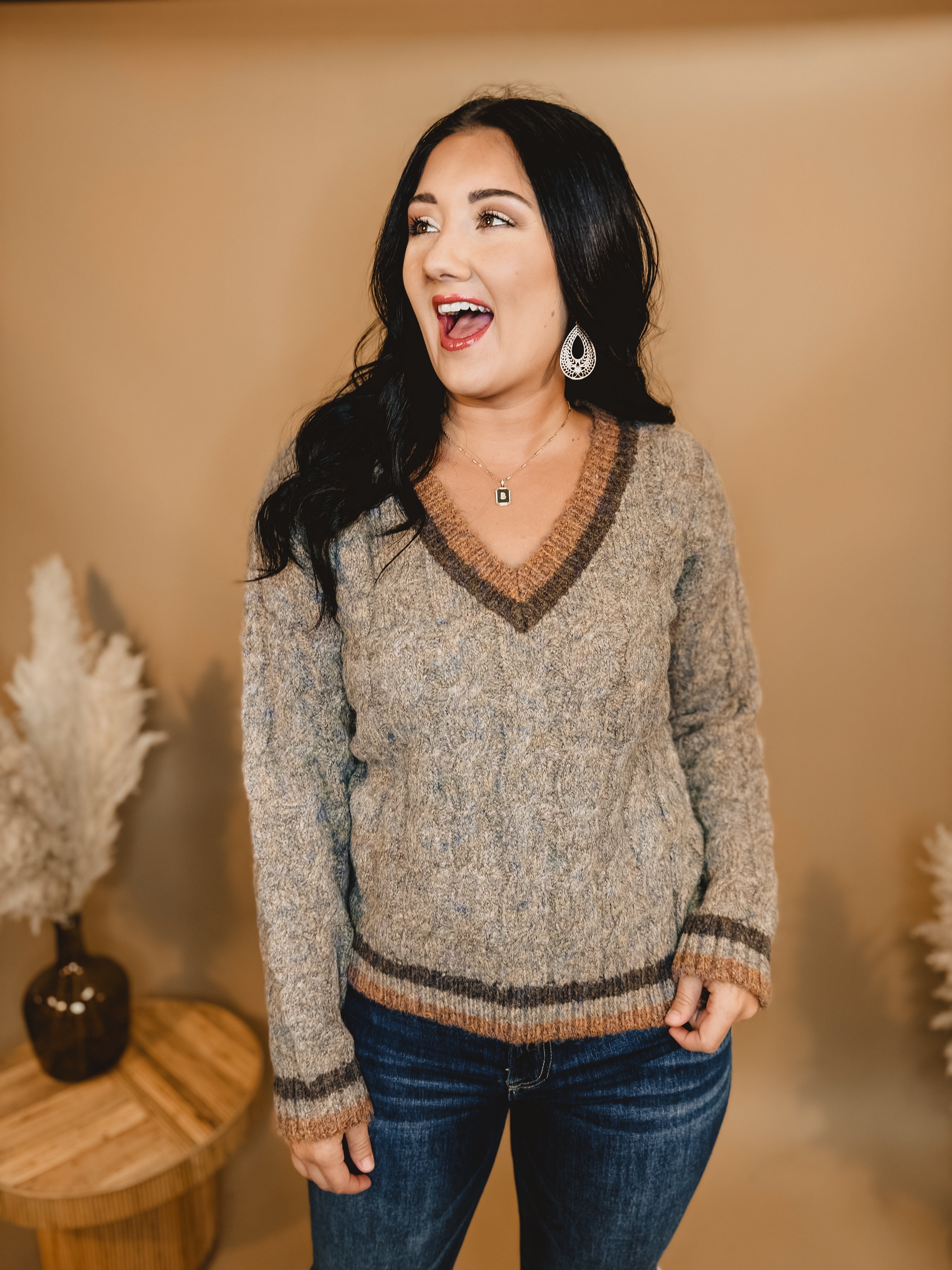 Cable Knit V-Neck Sweater - Taupe - Lace and Grace Boutique