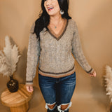 Cable Knit V-Neck Sweater - Taupe - Lace and Grace Boutique