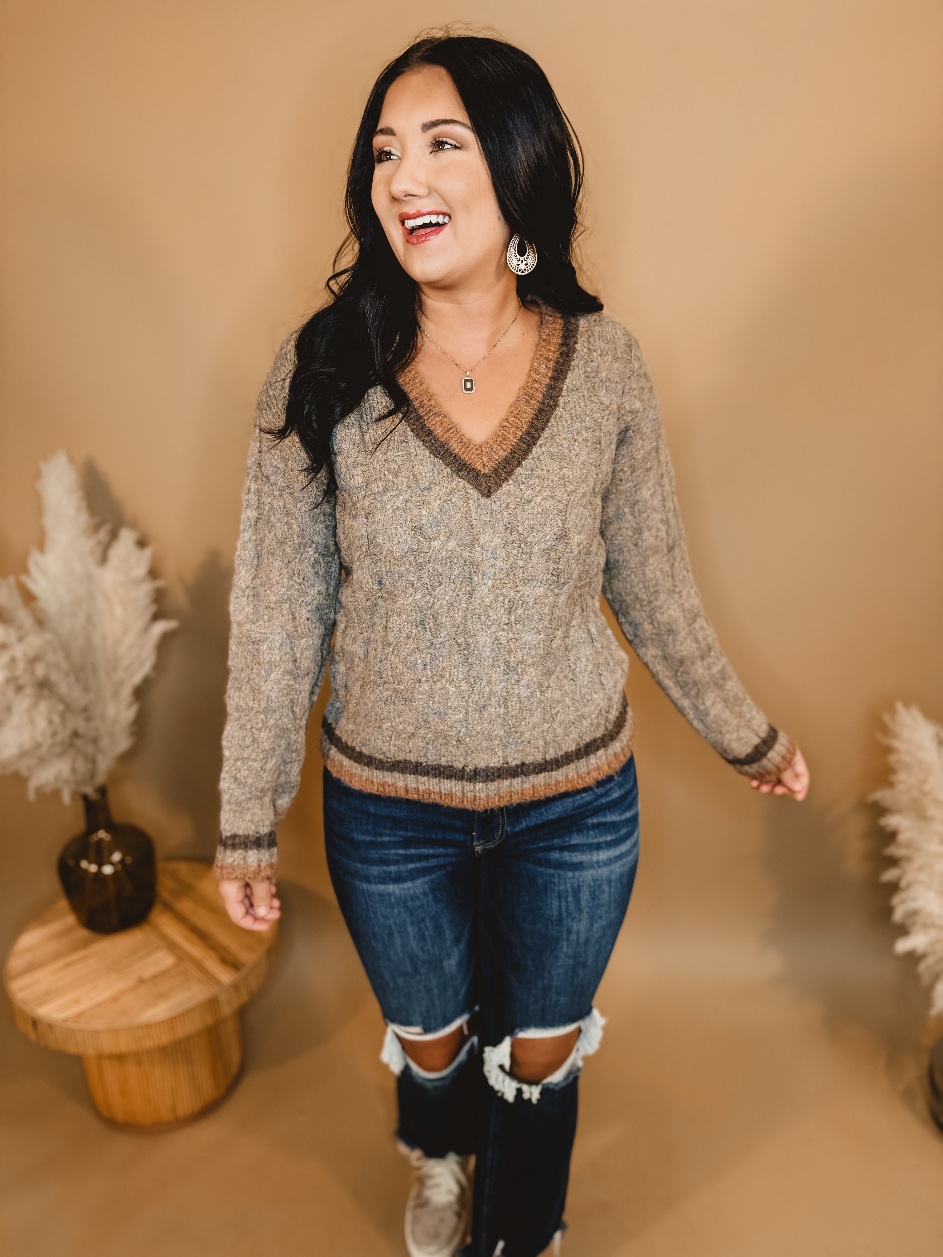 Cable Knit V-Neck Sweater - Taupe - Lace and Grace Boutique