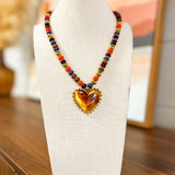 Amber Heart Oversized Pendant Beaded Necklace - Lace and Grace Boutique