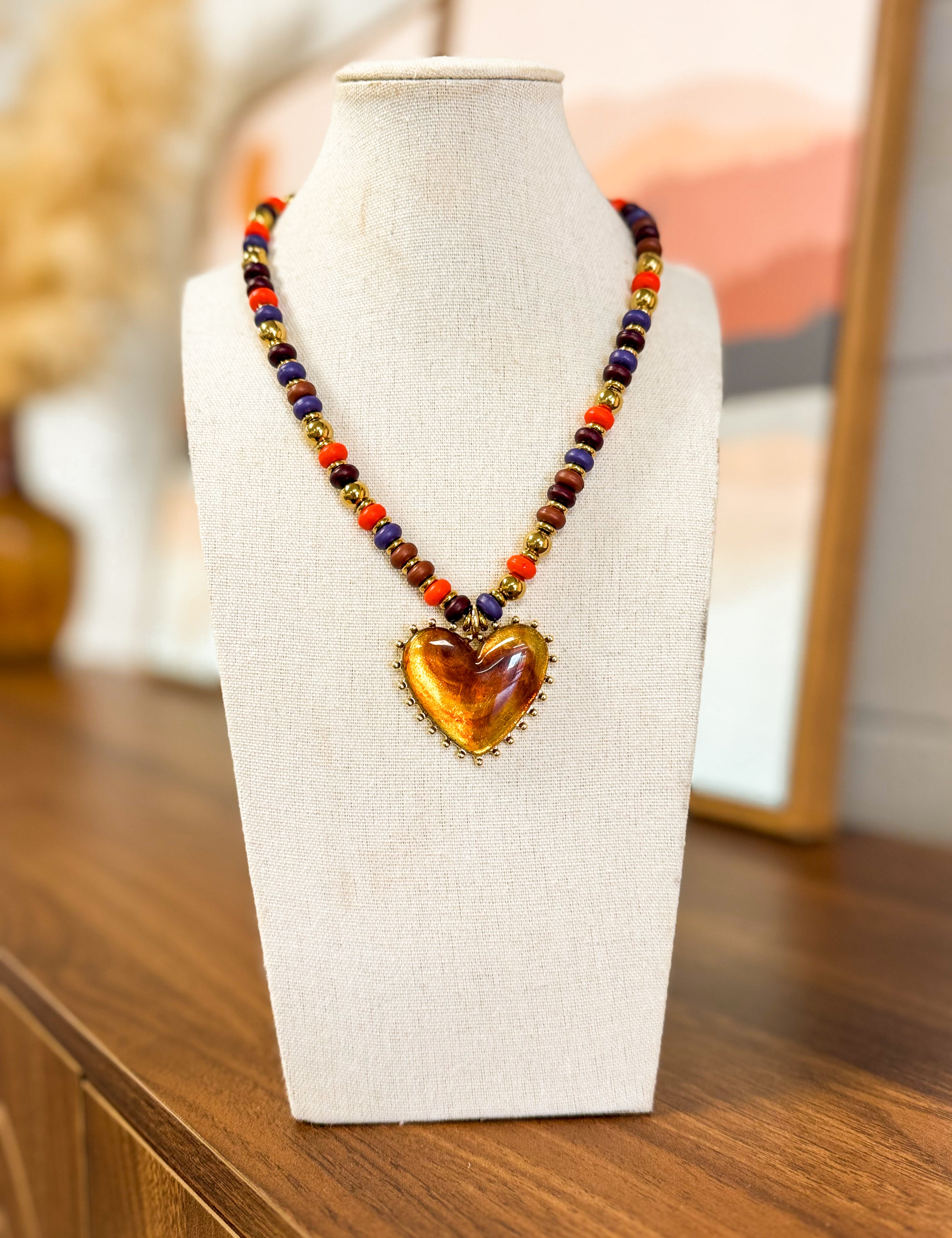 Amber Heart Oversized Pendant Beaded Necklace - Lace and Grace Boutique
