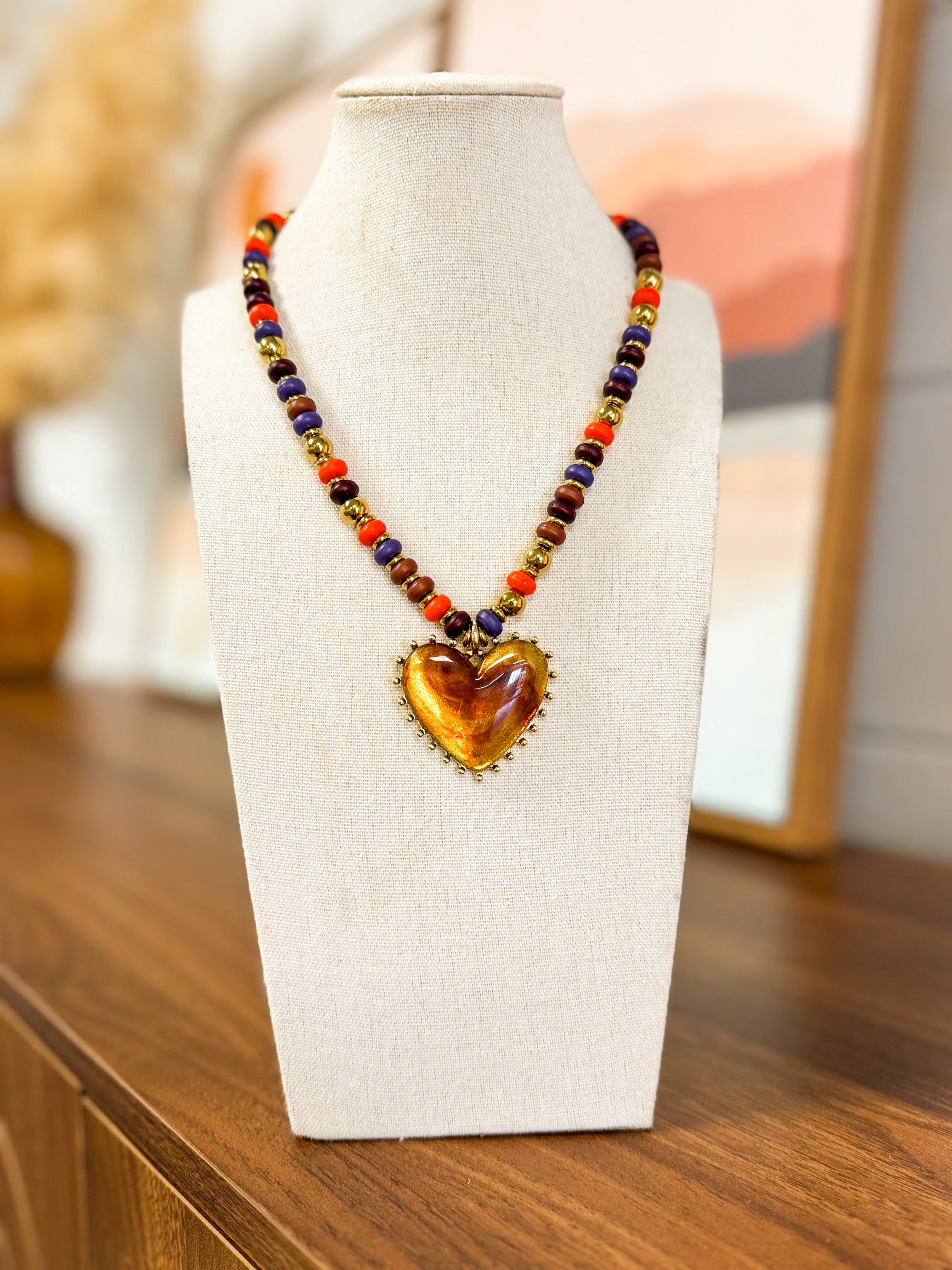 Amber Heart Oversized Pendant Beaded Necklace - Lace and Grace Boutique