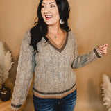 Cable Knit V-Neck Sweater - Taupe - Lace and Grace Boutique