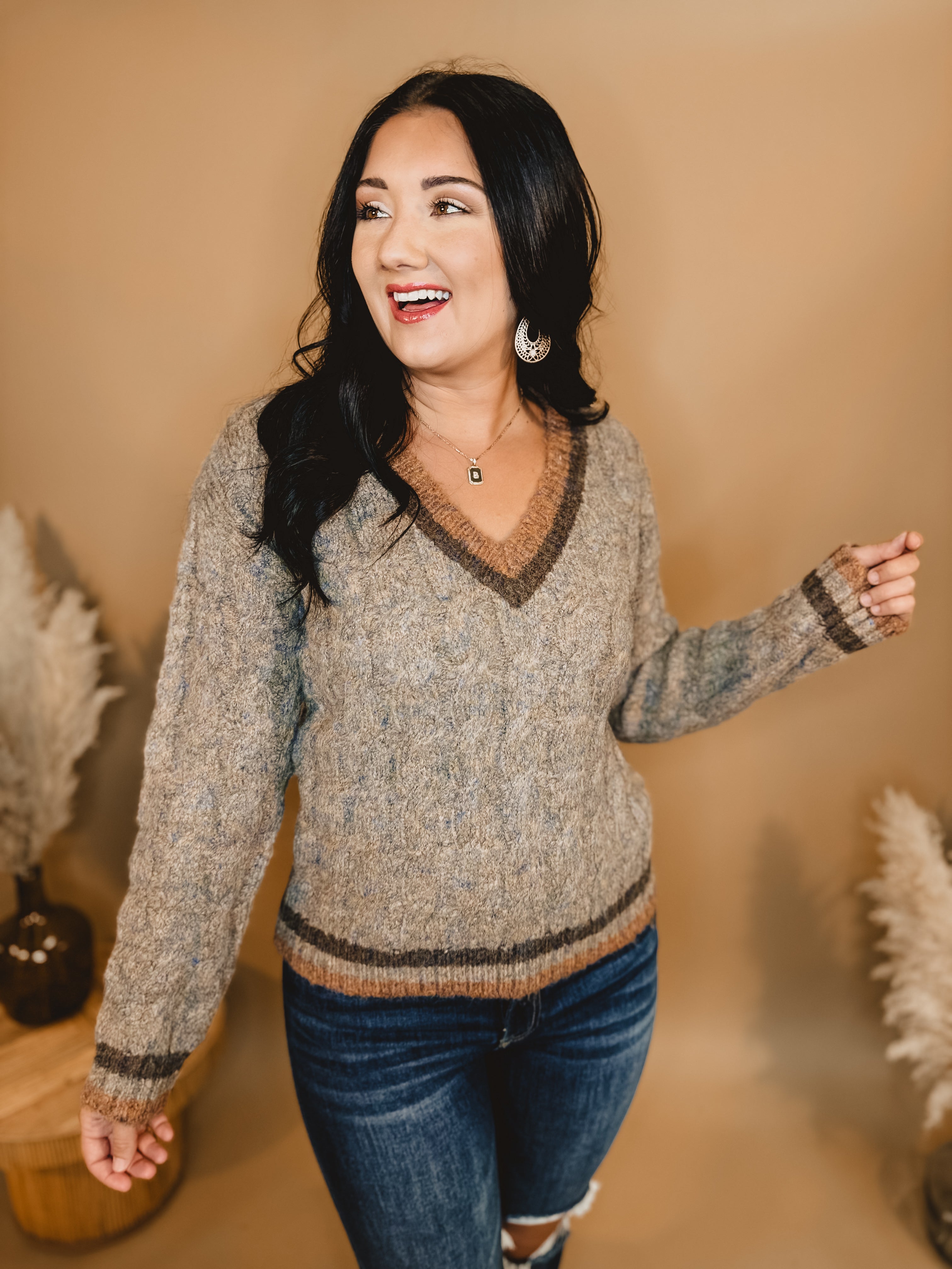 Cable Knit V-Neck Sweater - Taupe - Lace and Grace Boutique