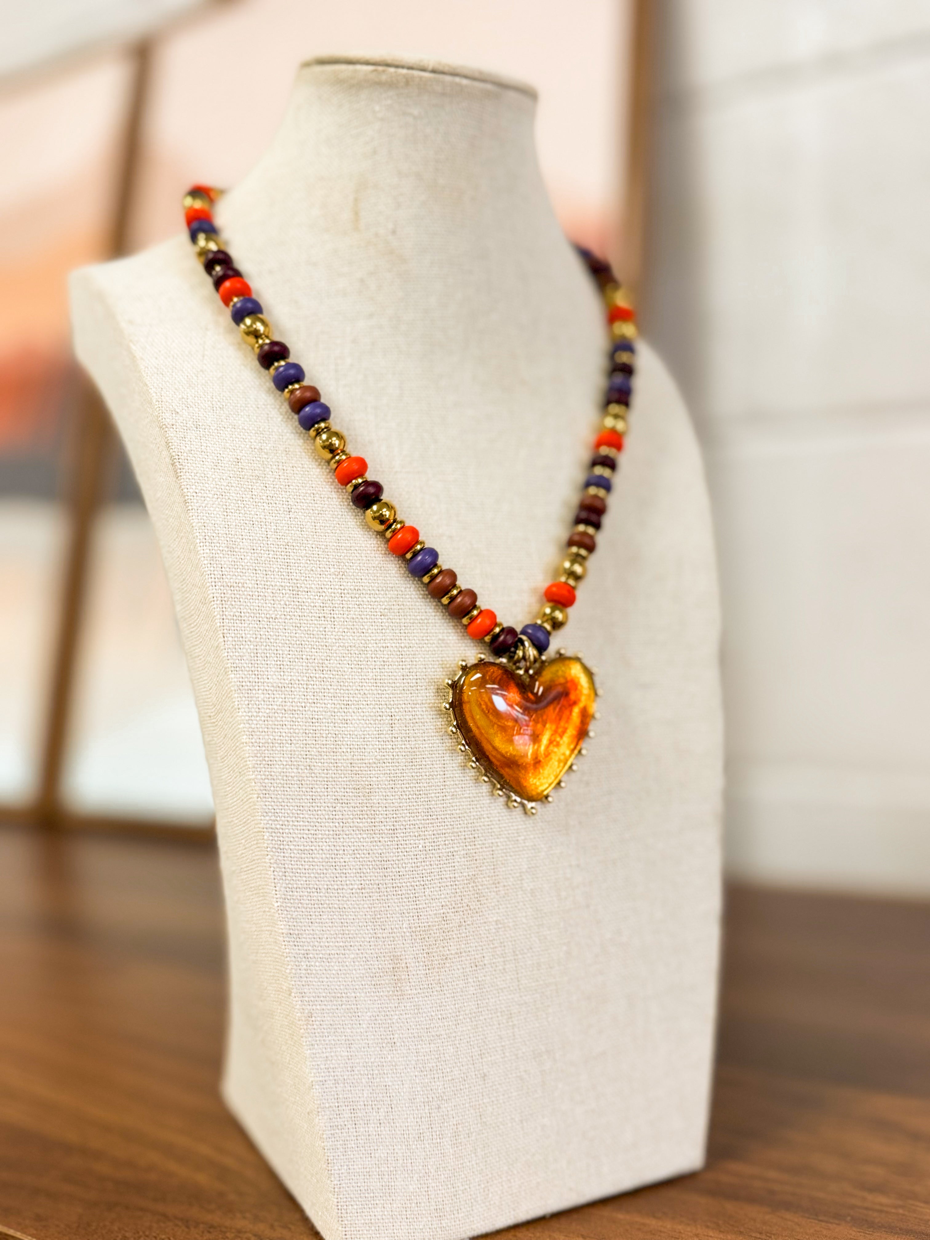 Amber Heart Oversized Pendant Beaded Necklace - Lace and Grace Boutique