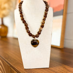 Stone Heart Pendant Beaded Necklace - Brown - Lace and Grace Boutique