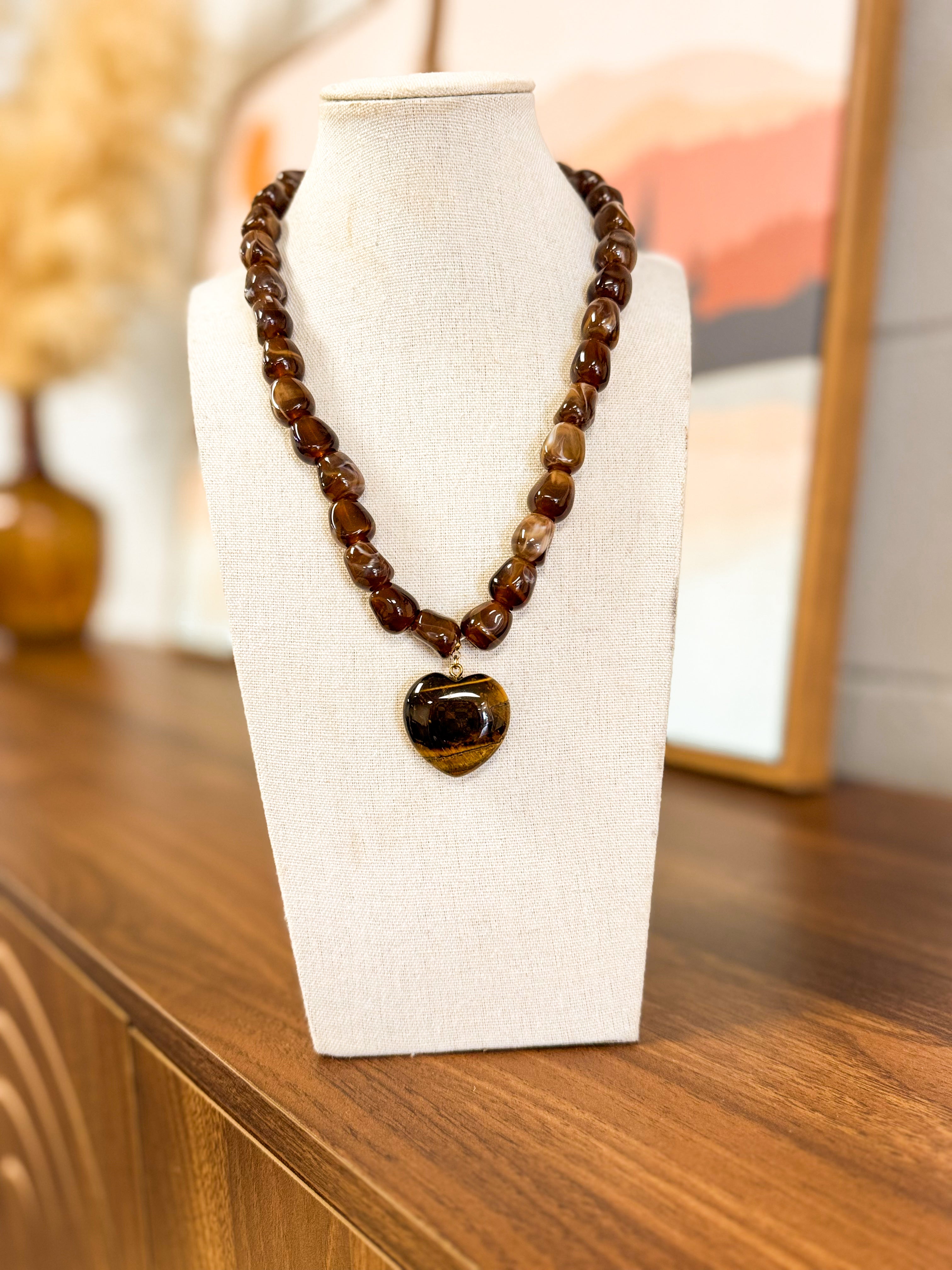 Stone Heart Pendant Beaded Necklace - Brown - Lace and Grace Boutique