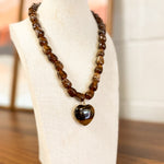 Stone Heart Pendant Beaded Necklace - Brown - Lace and Grace Boutique