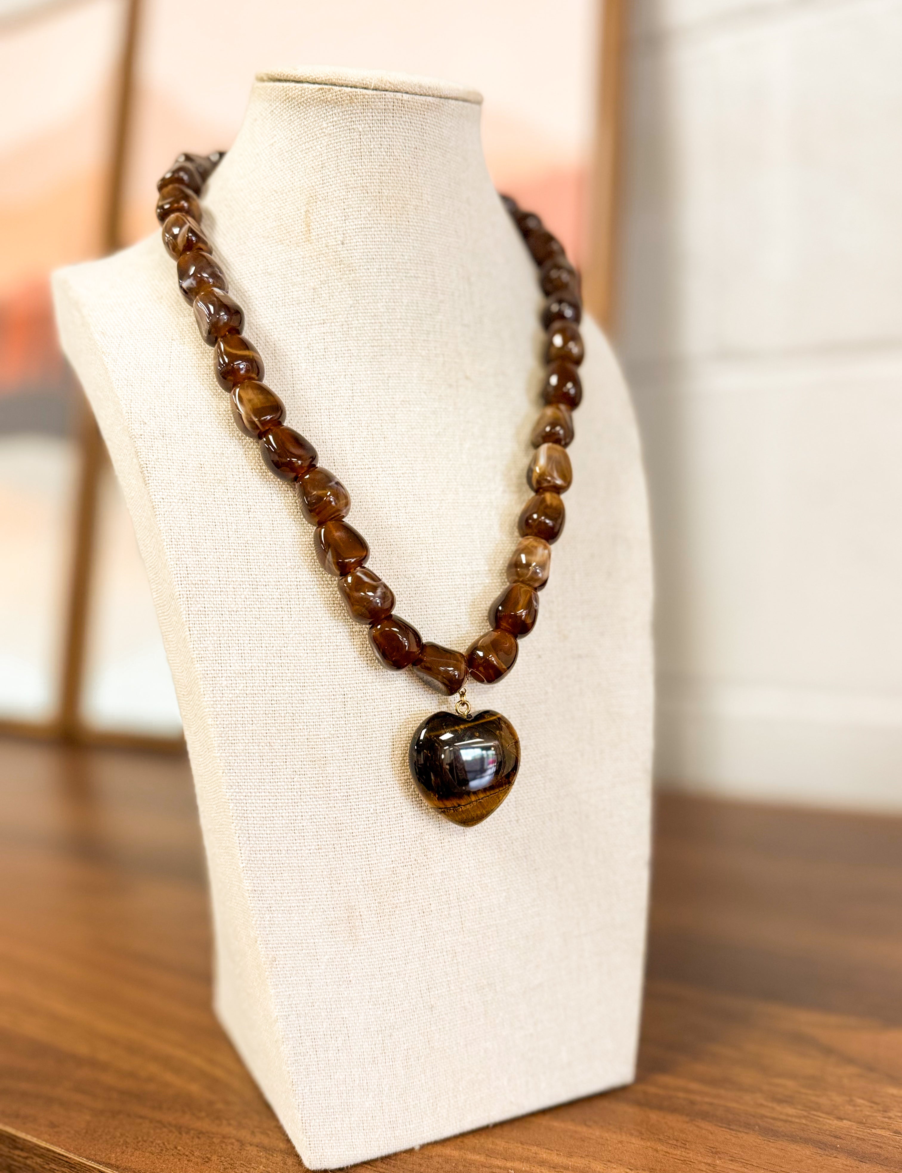 Stone Heart Pendant Beaded Necklace - Brown - Lace and Grace Boutique